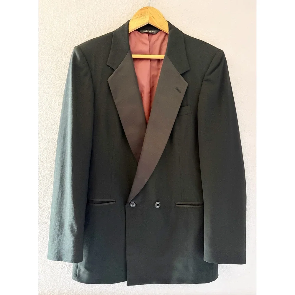 VTG Yves Saint Laurent Mens Double Breasted Tuxedo Jacket Blazer Black 38R YSL